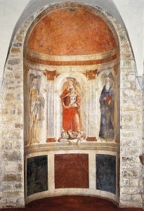 Santi Girolamo, Barbara e Antonio Abate, anno 1471-72 circa, affresco su muro, pieve di Sant’Andrea, Cercina (Sesto Fiorentino).
